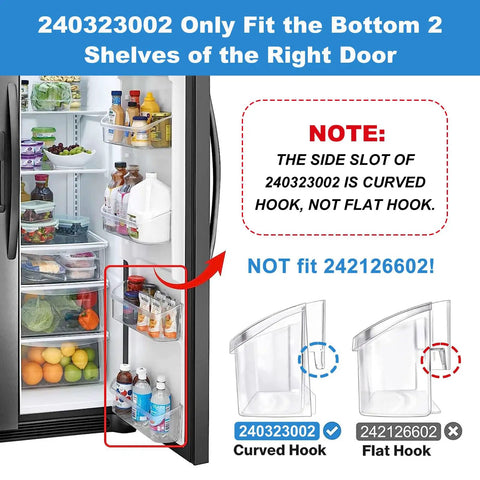 Upgraded 2 Pack Refrigerator Door Bin Shelves That Fit Frigidaire And Kenmore Bottom Two Shelves On The Fridge Side Replacement Parts PS429725 AP2115742, showing installation on fridge door with curved hook and comparison of bin designs.