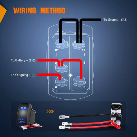 Diagram showing wiring method for Led Pod Lights With 5 Pin SPST Rocker Switch On Off 12V 20A 24V 10A Jumper Wires.