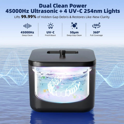 Powerful 45kHz Ultrasonic Cleaner with UV Sanitizer showing deep-clean bubbles for dentures in 200ml tank