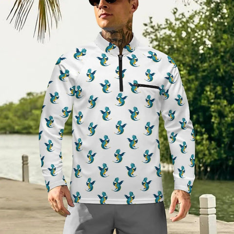 Man wearing Mens Dragon Sun Protection Long Sleeve Shirt With Quarter Zip Chin Guard Breathable 140g Mesh Fabric outdoors