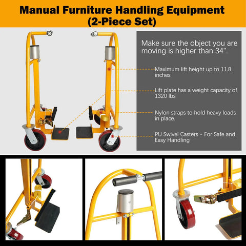 Two-Piece Manual Furniture Handling Equipment Set, Aluminum Heavy Duty Cart With 1320 Lb Load Capacity, Gun Safe Dolly