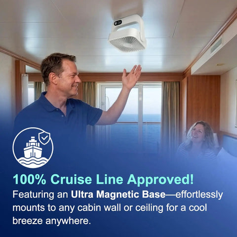 Cruise Ship Approved Portable Fan With 5000mAh Battery 16 Hour Runtime USB C Charging Magnetic Ceiling Or Wall Mount in cabin