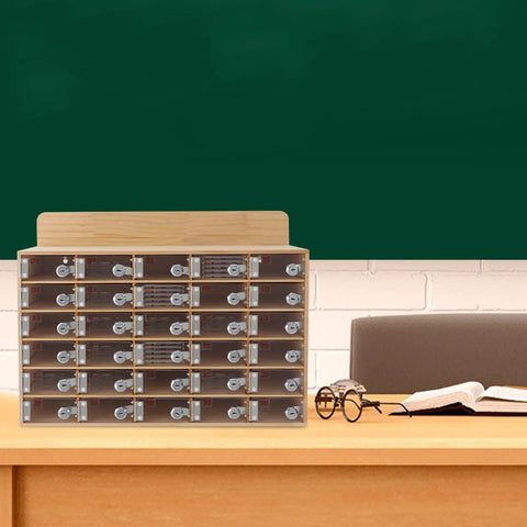 Gear Up And Lock It Down With This 30 Slot Cell Phone Locker Featuring Individual Keyed Covers in a classroom setup.