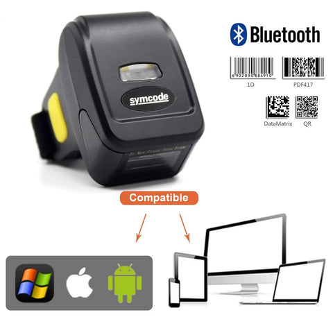 Finger Worn Ring Barcode Scanner For 1D And 2D Codes, Mini Wearable Reader On The Go That Scans QR PDF417 DataMatrix From Screen Or Paper, 2 4G Wireless And Bluetooth Four Point Zero, Compatible With Windows Mac OS Android iOS