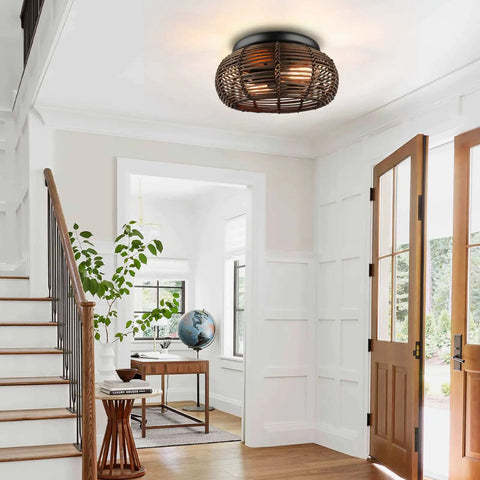 2 Light Rattan Ceiling Light 12.6 Inch Semi Flush Mount Handwoven Boho Brown Farmhouse Cage Fixture in an entryway interior
