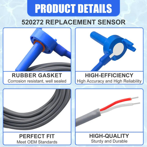 Product details for Two Pack 10K Ohm Pool Temperature Sensor Thermistor Replacement with features and cable close-up