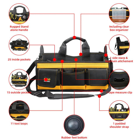 17 Inch Open Top Electrician Tool Bag With Shoulder Strap HVAC Pro Carrier Center Plastic Tray 30 Pockets Dual Outside Pouches