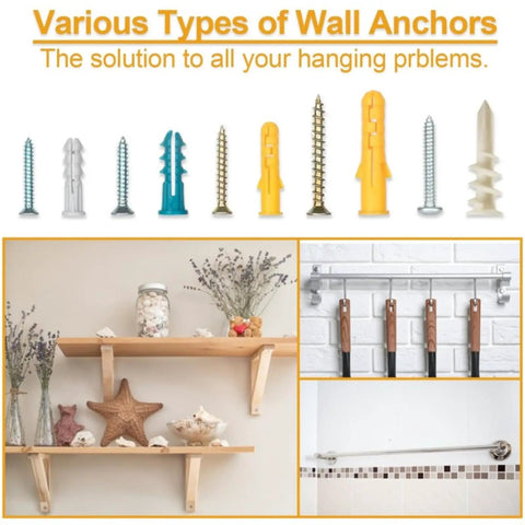 Ultimate Wall Anchor Kit With Plastic Wall Plugs And Self Tapping Screws, 350-Piece Complete Set In A Labeled Storage Box, Hook Up Shelves, Frames, Brackets, Hooks, And More On Drywall Or Studs. Plastic wall anchors and screws assortment for shelves, hooks, and frames