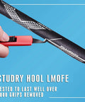 Hand using pro grip remover tool from Deluxe Golf Grip Regripping Kit With Pro Grip Remover Tool 2 Inch By 10 Inch Tapes 5 Oz Solvent And Rubber Vise Clamp For Quick Club Makeovers Perfect For Regripping At Home Or On The Range on black golf grip