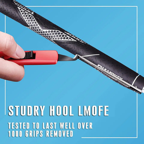 Hand using pro grip remover tool from Deluxe Golf Grip Regripping Kit With Pro Grip Remover Tool 2 Inch By 10 Inch Tapes 5 Oz Solvent And Rubber Vise Clamp For Quick Club Makeovers Perfect For Regripping At Home Or On The Range on black golf grip