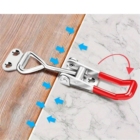 Six Piece Adjustable Toggle Clamp Latch Set For Tool Box Doors, heavy duty pull clamps, display of clamp attached to surface.