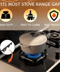 Two Pack Stove Gap Covers, Adjustable From 13.8 To 27.5 Inches, Heat Resistant And Easy Clean Gap Filler next to stove with pan