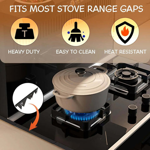 Two Pack Stove Gap Covers, Adjustable From 13.8 To 27.5 Inches, Heat Resistant And Easy Clean Gap Filler next to stove with pan