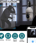 Wireless Light Bulb Security Camera With Pan Tilt 360 Degree View 2.4GHz WiFi Indoor Outdoor Night Vision And Two Way Audio shows alarm tracking on mobile screen.