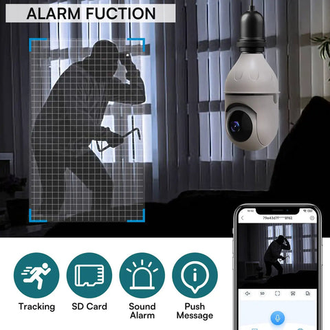 Wireless Light Bulb Security Camera With Pan Tilt 360 Degree View 2.4GHz WiFi Indoor Outdoor Night Vision And Two Way Audio shows alarm tracking on mobile screen.