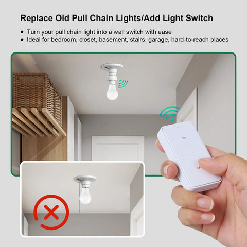 Remote Control Light Socket With 200ft Range Turns Lights On From Across The Room No Wiring Needed shown with handheld remote