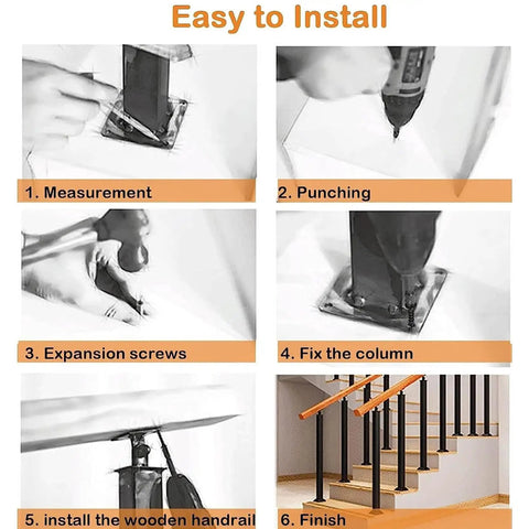 Easy installation steps for Rock Solid Stair Railing Kit With 270 Degree Adjustable Brackets And Heavy Duty Wrought Iron Banister Columns.