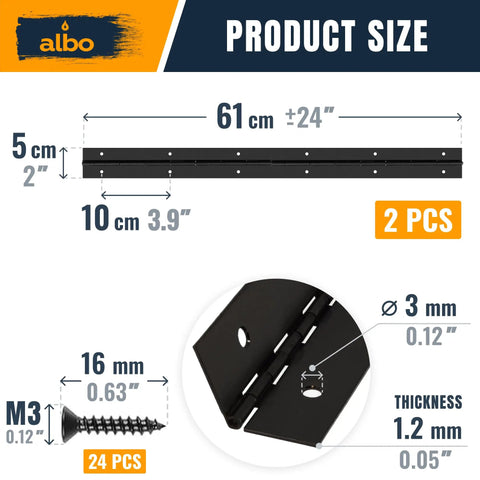Rock Solid 24 Inch Matte Black Piano Hinge Continuous Stainless Steel 304 Heavy Duty Cabinet Hinges 2 Pack with size diagram