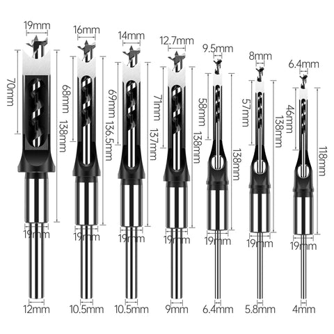 Heavy Duty Seven Piece Square Hole Drill Bit Set Forged From Heat Treated Hss Steel With Smooth Operator Mortise Chisel Edges Quarter To Three Quarters Inch Fits Mortising Machines For Job Site Builds Demanding Real Grit And Smooth Sailing Results Daily - Various sizes displayed with dimensions.