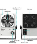 Front and back view of Anti Static Ion Fan Neutralizer for Electronics Manufacturing with labeled features.