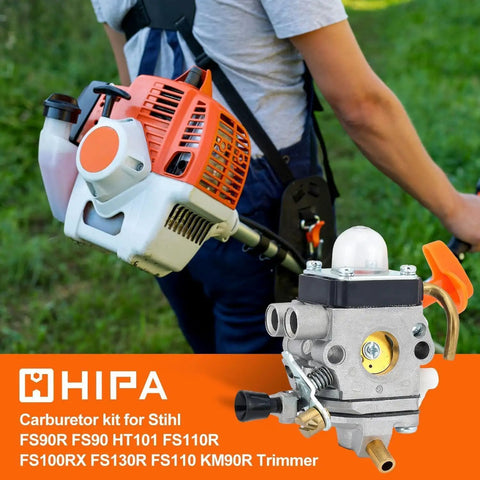 FS90R Carburetor Upgrade For Trimmers, shown next to a person using a trimmer. Fits FS90R FS110R FS90 FS100RX FS110 90R 110R ZAMA C1Q S174 4180 120 0611 Compatible Easy Install High Performance Fuel Meter And Durable Build.