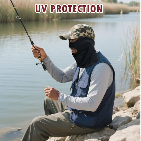 Man fishing wearing black Two Pack 3 Hole Balaclava Ski Mask For Men And Women, Dope Ultra Thin Full Face Cover, beside a lake.