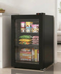 3.0 Cu Ft Upright Freezer With Clear Glass Door Sleek Black Cabinet displaying frozen foods and ice cream in compact kitchen space.
