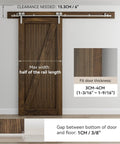 9 Foot Stainless Steel Sliding Door Hardware Kit For Wooden Barn Doors, Heavy Duty And Smooth Operation, Fits 54 Inch Wide Single Door, Y Shaped Track System, Supports Up To 220 Lbs Per Door, installed view with measurements.