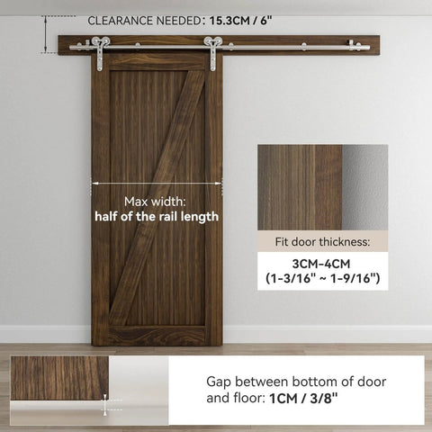 9 Foot Stainless Steel Sliding Door Hardware Kit For Wooden Barn Doors, Heavy Duty And Smooth Operation, Fits 54 Inch Wide Single Door, Y Shaped Track System, Supports Up To 220 Lbs Per Door, installed view with measurements.
