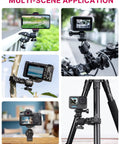Beefy Clamp Mount With 360 Degree Ball Head for Action Cameras and DSLRs attached to handlebars, poles, and tripods in various settings.