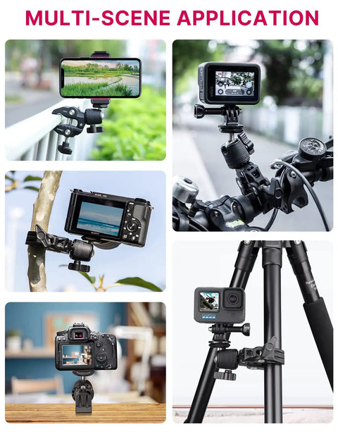 Beefy Clamp Mount With 360 Degree Ball Head for Action Cameras and DSLRs attached to handlebars, poles, and tripods in various settings.