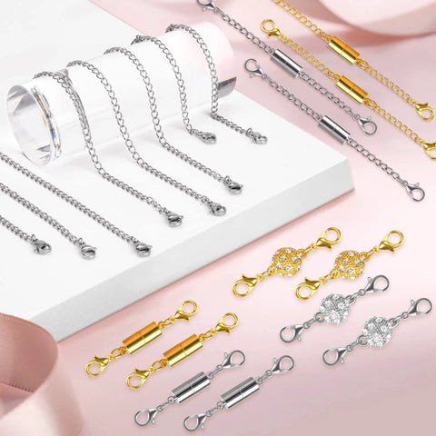 Magnetic Jewelry Clasps And Extenders Set In Gold And Silver 24 Piece Layering Clasp Kit For Necklaces Bracelets And Anklets Displayed