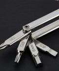 Close-up view of Eight In One Bike Multitool with hex keys, Torx T25, and Phillips screwdriver against a black background.