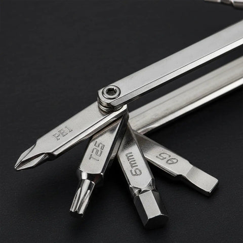 Close-up view of Eight In One Bike Multitool with hex keys, Torx T25, and Phillips screwdriver against a black background.