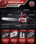 Image detailing Gas Powered Chainsaw With Dual 18 And 20 Inch Bars, 63Cc 3.7HP Two-Stroke Engine with dimensions and features.