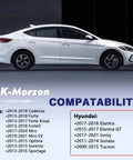 Side view of a white Hyundai vehicle with MK-Morzon compatibility list for battery fuse and terminal replacement.