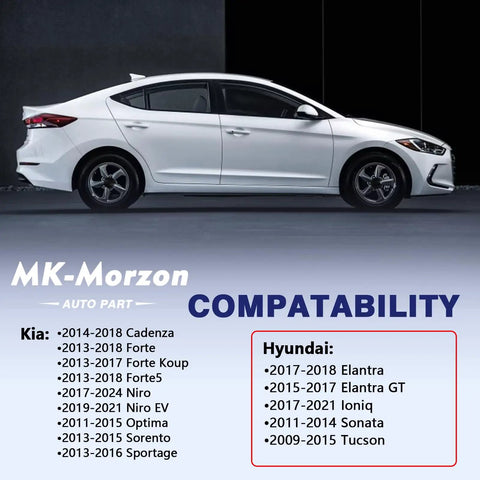 Side view of a white Hyundai vehicle with MK-Morzon compatibility list for battery fuse and terminal replacement.