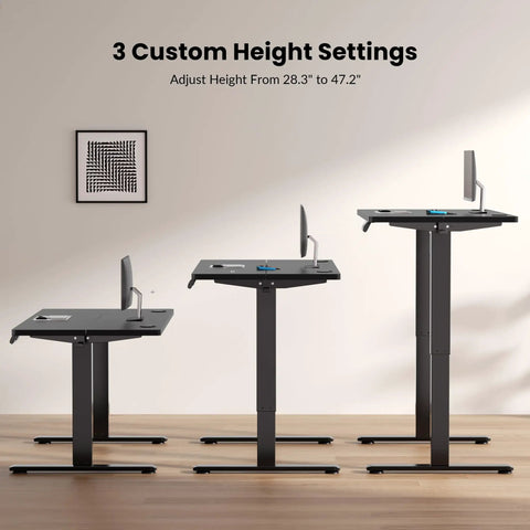 Three stages of Electric Standing Desk Frame With Memory Height Controller, Easy Button Sit Stand Base For Home And Office shown