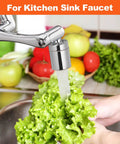 Kid Friendly 1440 Degree Faucet Extender For Toddlers In Bathroom And Kitchen, Silver Rotating Faucet Aerator in use washing lettuce