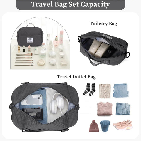 Travel Duffel Bag For Women With Weekender Style, Carry On Friendly, Includes Separate Toiletry Bag And Adjustable Strap.