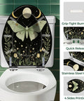 Elongated Resin Toilet Seat for Bathroom with moth and floral design, features grip-tight bumpers and quick release hinges.
