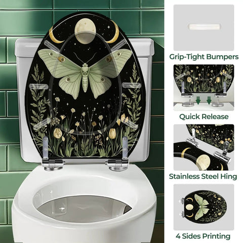 Elongated Resin Toilet Seat for Bathroom with moth and floral design, features grip-tight bumpers and quick release hinges.