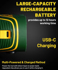 Close-up of the X2 Self Leveling Laser Level With 2.2Ah Rechargeable Battery, USB-C charging port and large-capacity battery.