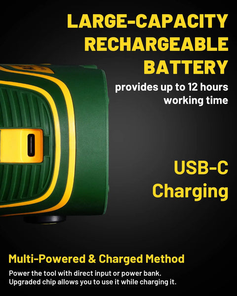 Close-up of the X2 Self Leveling Laser Level With 2.2Ah Rechargeable Battery, USB-C charging port and large-capacity battery.