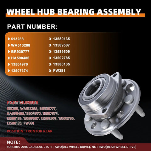 2Pcs Front And Rear Wheel Bearing Hub Assembly Fits Malibu 2013 2015 Impala 2014 2017 Buick Lacrosse 2010 2016 Regal 2011 2017 Cadillac XTS 2013 2019 And Cadillac CTS AWD 2015 2016 5 Lug shown with specifications.