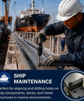 Worker using Five Piece Six Inch Hole Finder Tools Kit For Sheet Metal Duplication With Pins Forty Thirty Twenty One Ten And One Quarter Inch For Aircraft And Race Cars Or Any Project That Needs Precise Hole Alignment Black on ship deck.