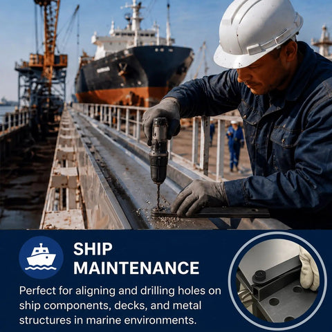 Worker using Five Piece Six Inch Hole Finder Tools Kit For Sheet Metal Duplication With Pins Forty Thirty Twenty One Ten And One Quarter Inch For Aircraft And Race Cars Or Any Project That Needs Precise Hole Alignment Black on ship deck.