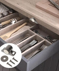 Magnetic Cabinet Door Catches 4 Pack Heavy Duty Drawer Push Latches kit shown with kitchen drawer organizer.