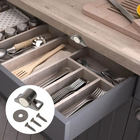 Magnetic Cabinet Door Catches 4 Pack Heavy Duty Drawer Push Latches kit shown with kitchen drawer organizer.