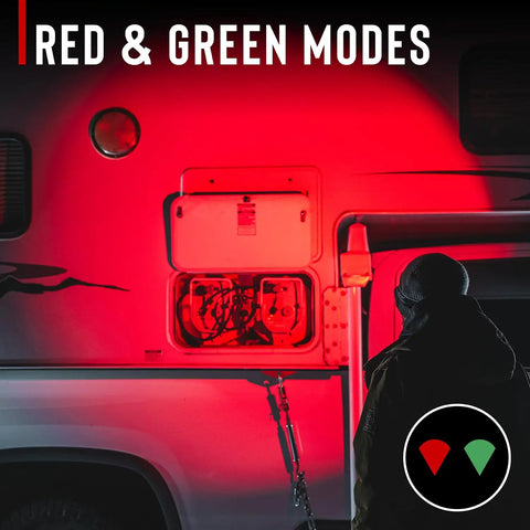 Person using 1000 Lumen Waterproof USB C Rechargeable LED Headlamp With Red And Green Light Modes on a vehicle at night.